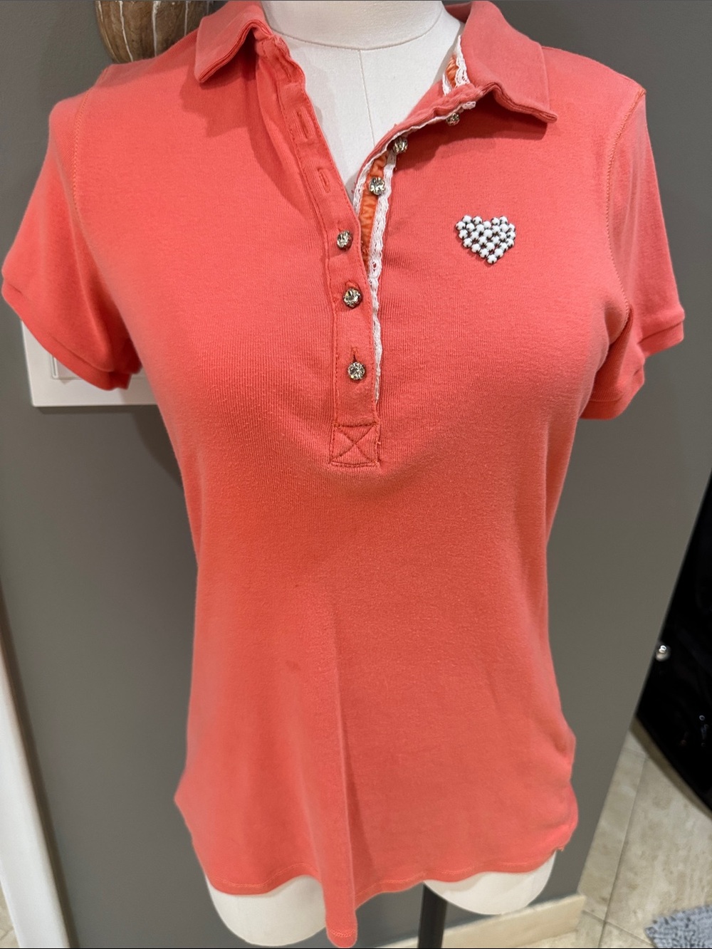 Women’s Coral Short-Sleeve Polo with Heart Detail